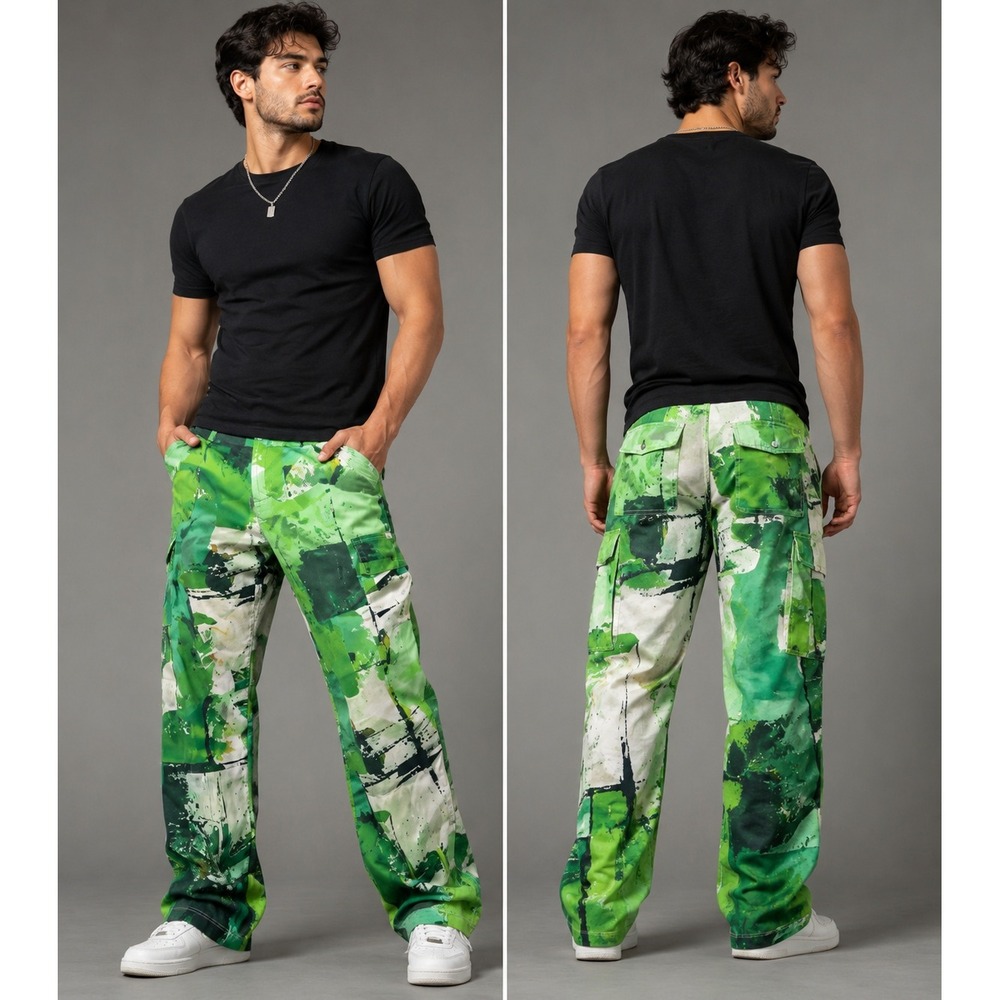 Unbranded Abstract Cargo Pants Mens 3XL Green Graphic Streetwear Utility